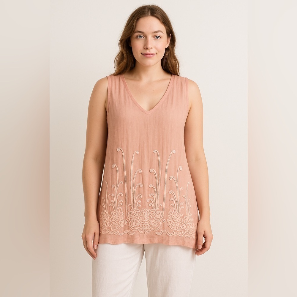 Soft Surroundings Silk Tunic PM Pink Embroidered Boho Lagenlook Fairy Coastal